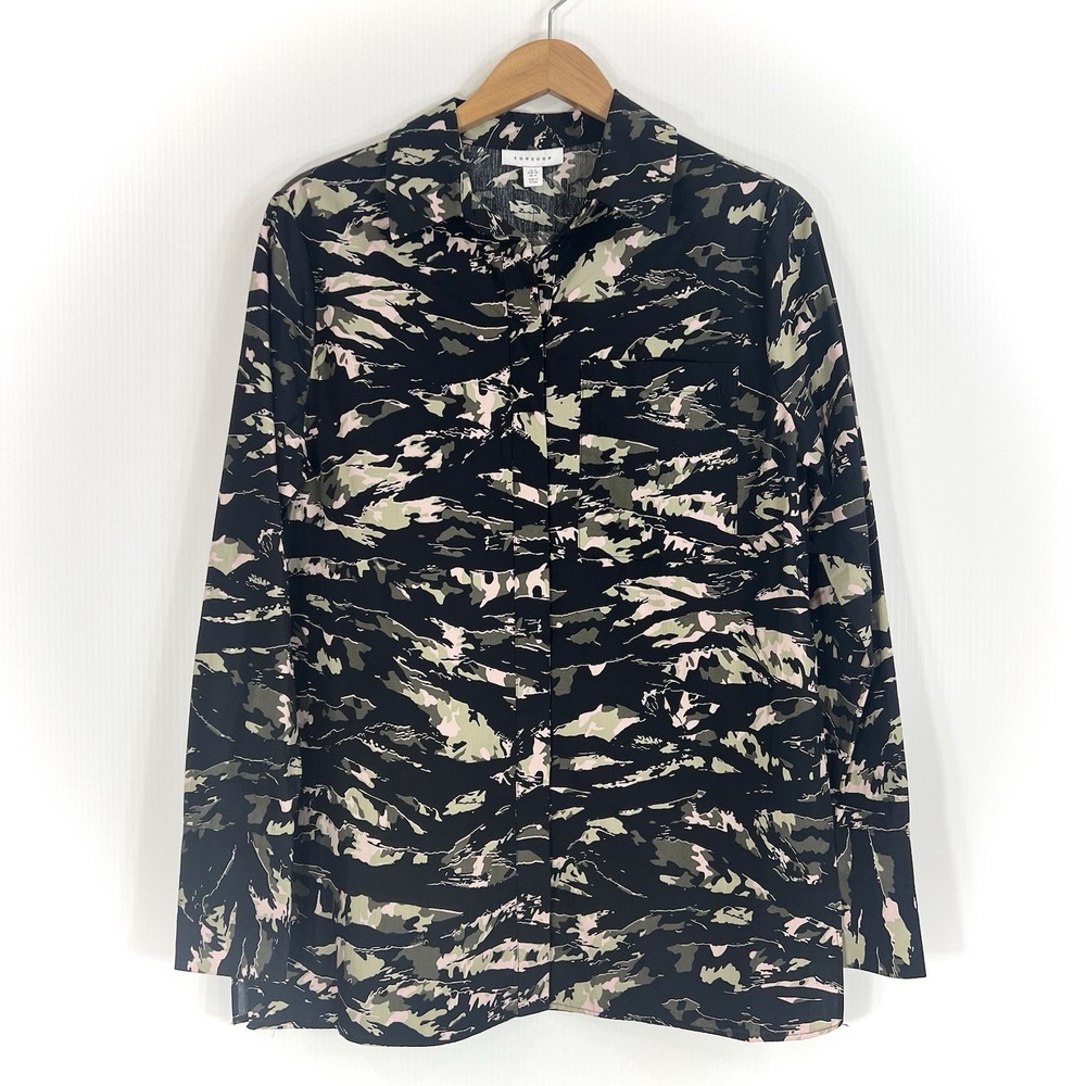Topshop Oversized Camo Long Sleeve Button Down Shirt Size 4 Green NEW - Picture 3 of 14